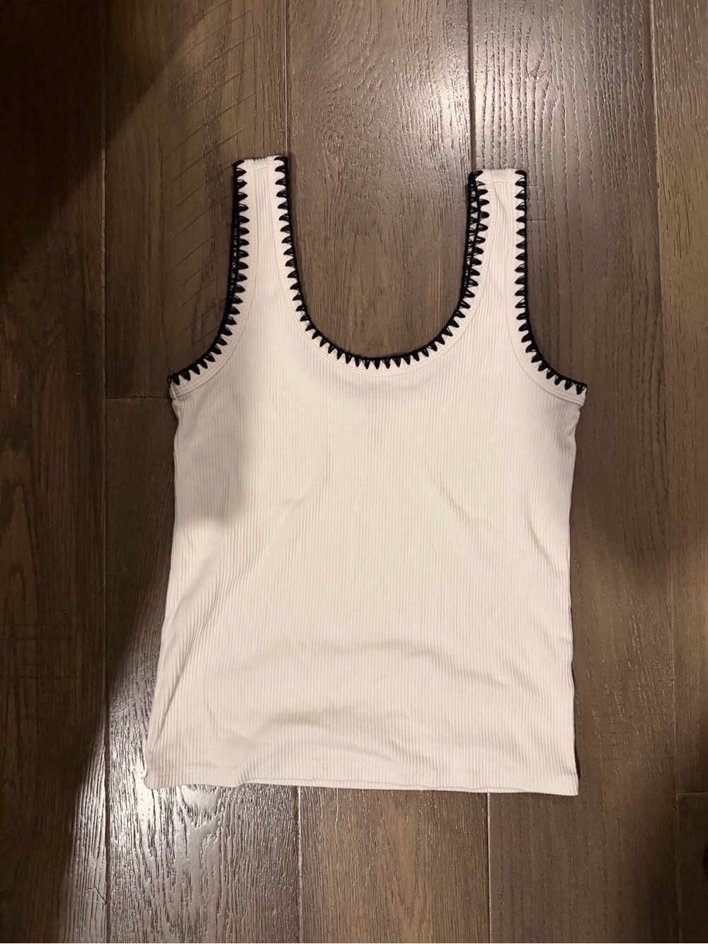 J. Crew White Ribbed Scoop Tank with Black Crochet Trim